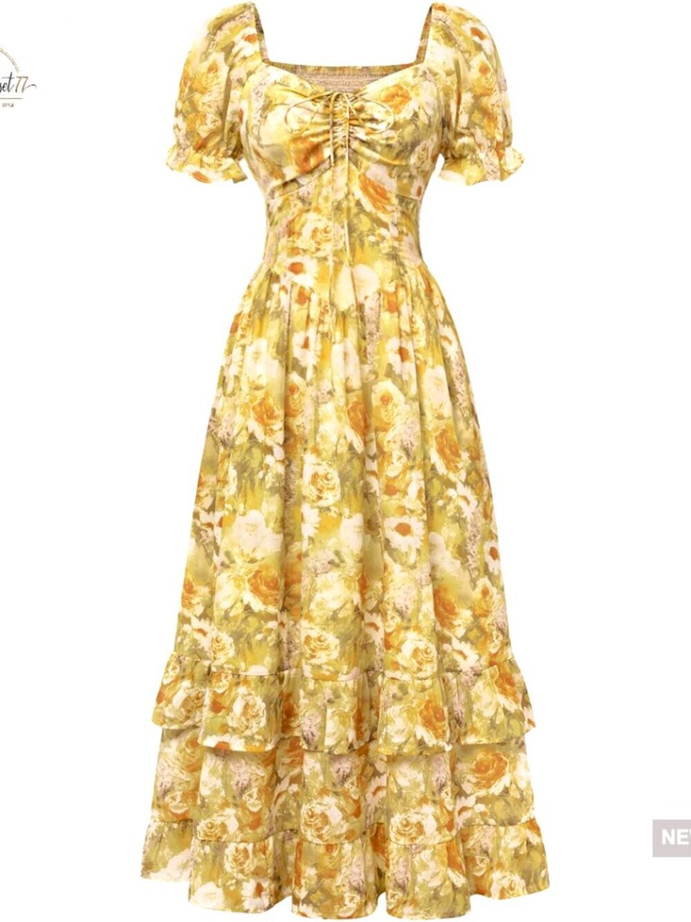 Puff Sleeve Maxi Dress with Corset Waist, Pockets, Smocked Back